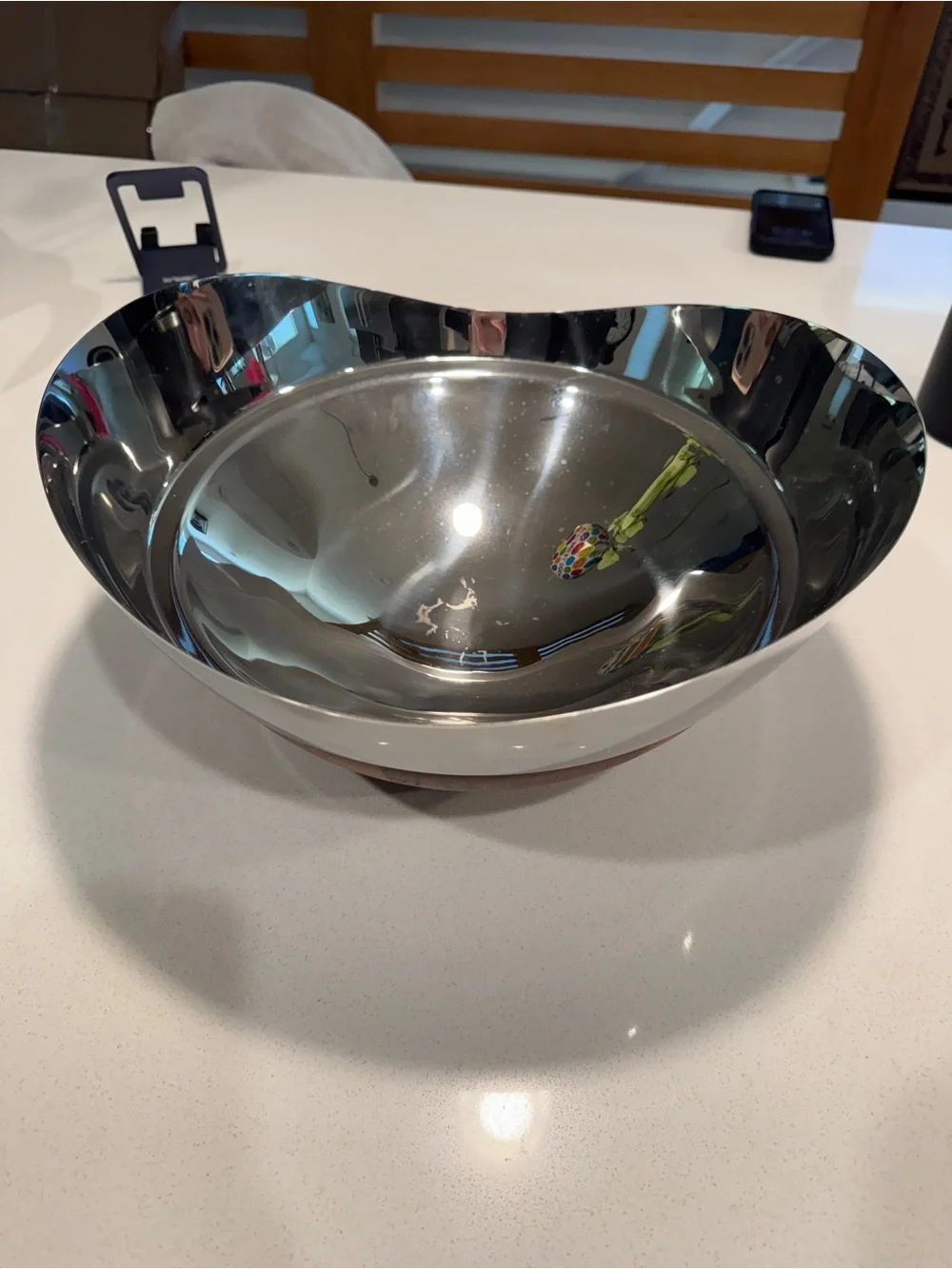 Nambe Pulse Mixed-Material Salad Bowl with Wood-Handled Servers — Silver & Brown